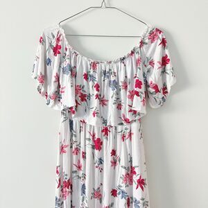 Divided HM White Pink Floral Off Shoulder Ruffle Popover Maxi Dress Slit Size 4